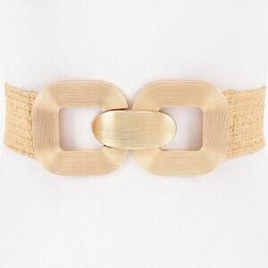 Square Metal Buckle Elastic Belt Khaki Gold